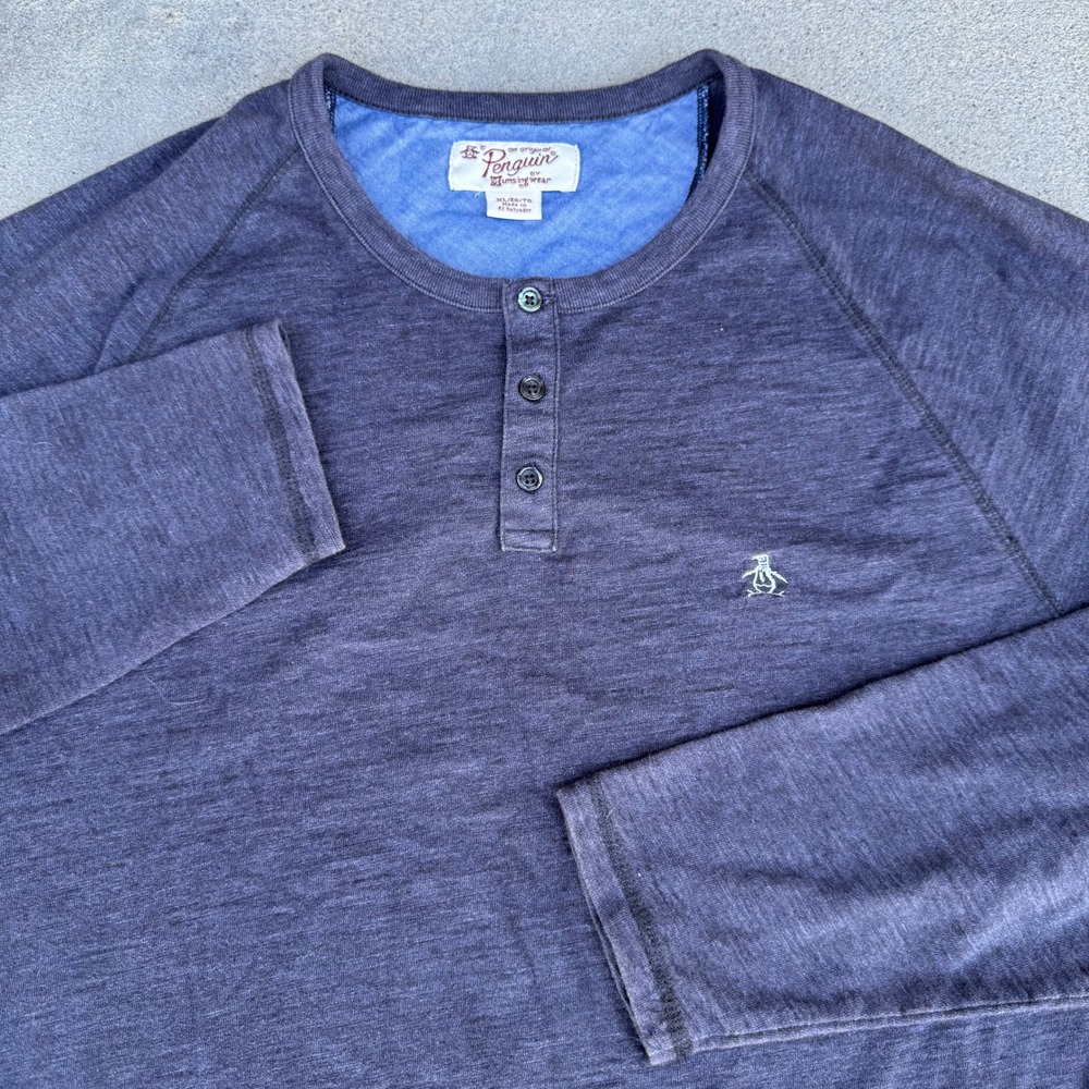 Original Penguin Mens‎ Henley Shirt Gray Long Sleeve Raglan Logo XL